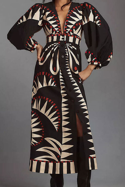 Vintage Floral Lantern Sleeves Fashion V-Neck Dress