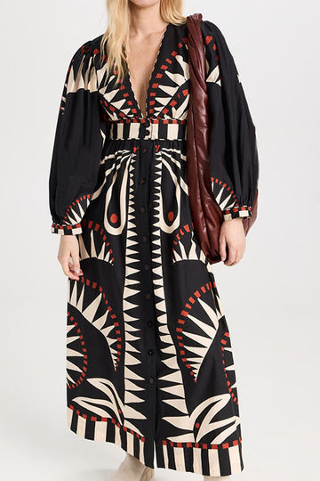 Vintage Floral Lantern Sleeves Fashion V-Neck Dress