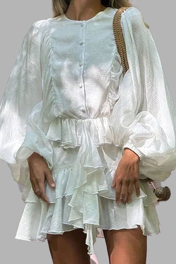 Elegant Solid Color Waist-Cinching Ruffle Dress