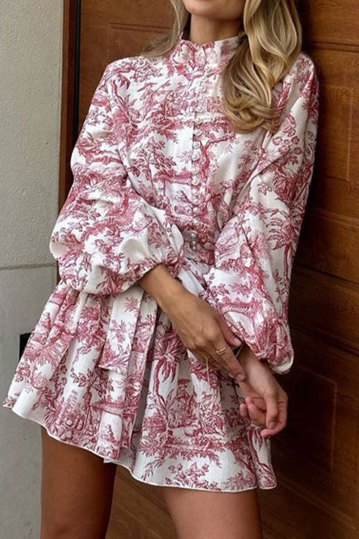Court Style Printed Stand Collar Tie-Waist Lantern Sleeve Dress