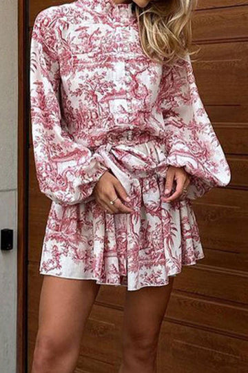 Court Style Printed Stand Collar Tie-Waist Lantern Sleeve Dress