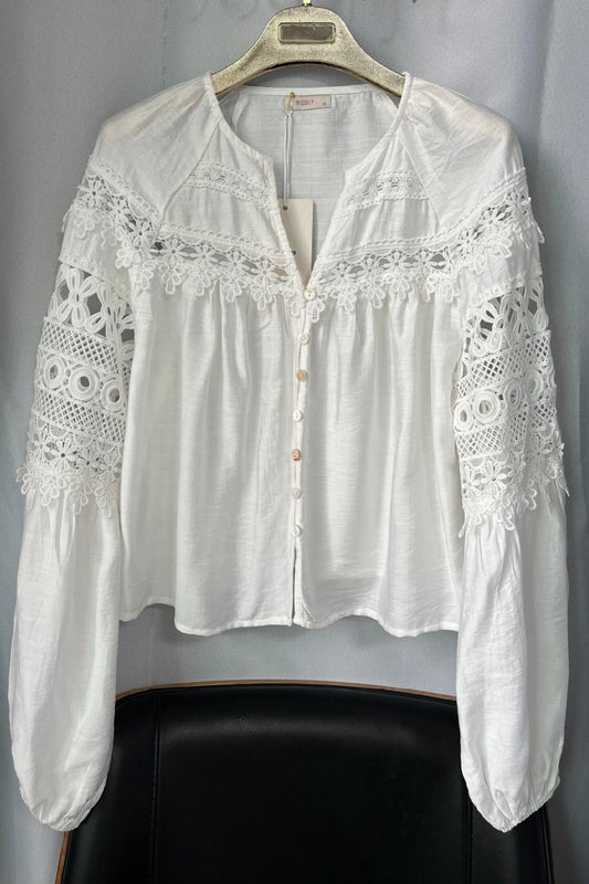 Hollow-Out Lace-Trim V-Neck Single-Breasted Cardigan