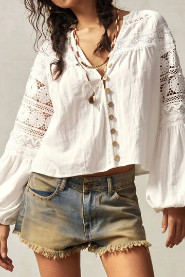 Hollow-Out Lace-Trim V-Neck Single-Breasted Cardigan