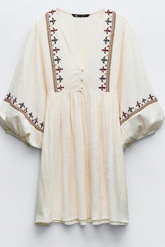 Patchwork Puff Sleeves Embroidered Short Dress