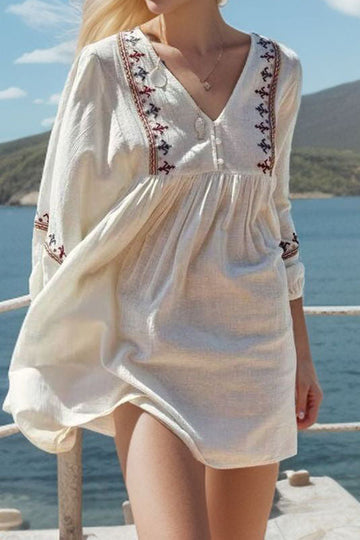 Patchwork Puff Sleeves Embroidered Short Dress
