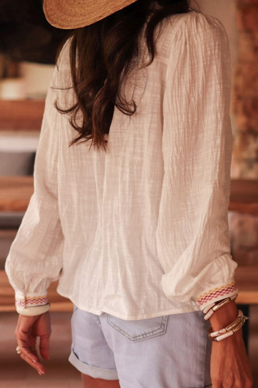 French Heavy Craftsmanship Embroidered Linen-Cotton Shirt for Women