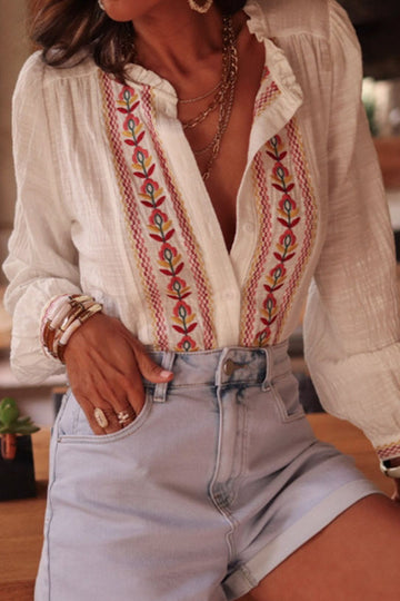French Heavy Craftsmanship Embroidered Linen-Cotton Shirt for Women