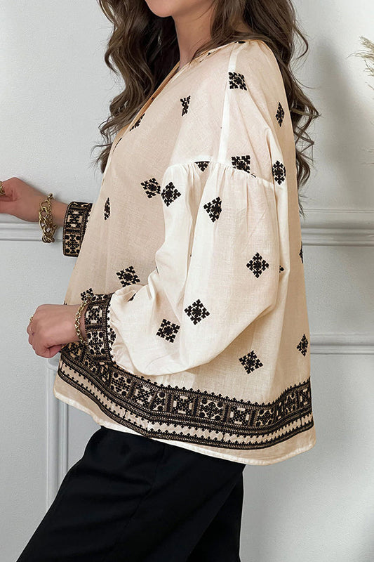 French Vintage Chic Linen-Cotton Embroidered V-Neck Shirt