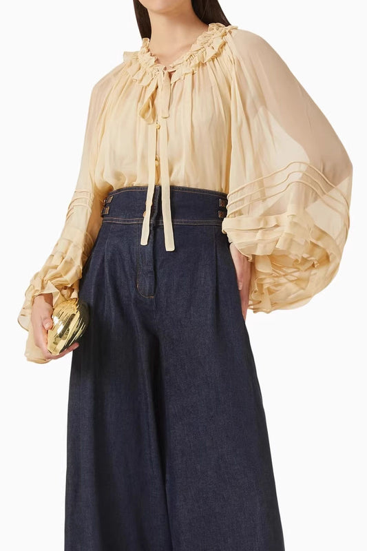 Chiffon Thin Long-Sleeve Tie-Waist Versatile Workwear Top