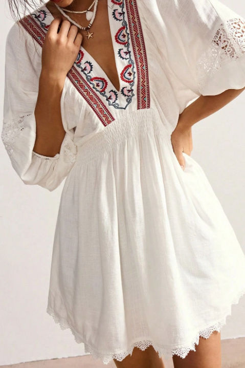 French Vintage Embroidered V-Neck Dress