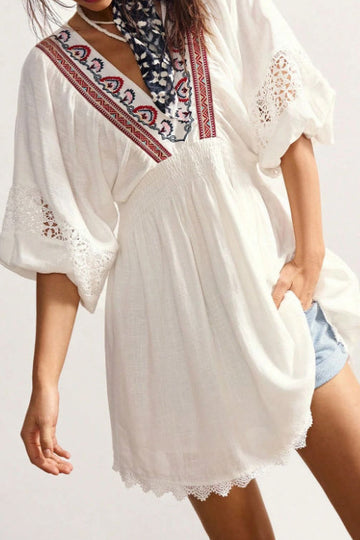 French Vintage Embroidered V-Neck Dress