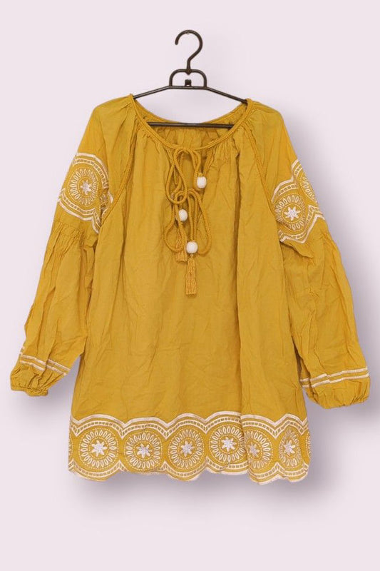 Ethnic Style Embroidered Beaded Tie-Front Loose Dress