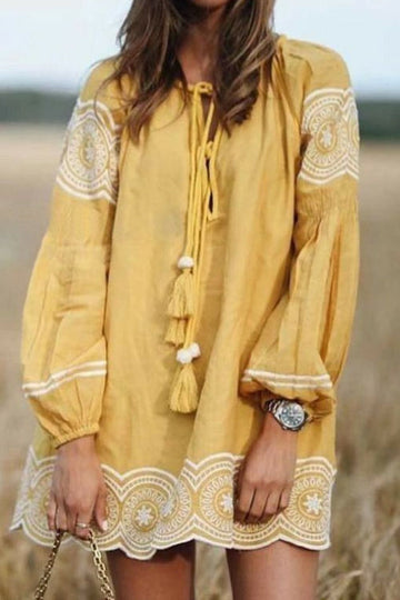 Ethnic Style Embroidered Beaded Tie-Front Loose Dress