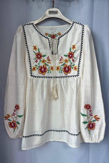 Ethnic Floral Embroidery V-Neck Tassel Tie Pullover Long Sleeve Top