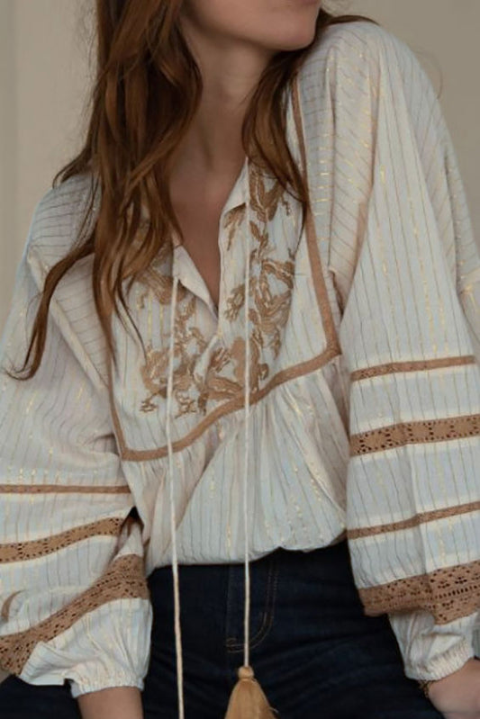Retro French Embroidered Shirt Designer V-Neck Shiny Pleated Women Blouse