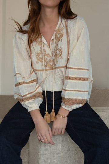 Retro French Embroidered Shirt Designer V-Neck Shiny Pleated Women Blouse