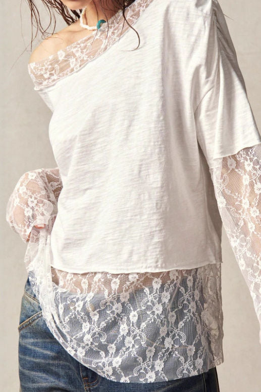 Elegant Asymmetrical Neck Long Sleeve Lace Cuff T-Shirt