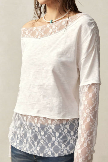 Elegant Asymmetrical Neck Long Sleeve Lace Cuff T-Shirt