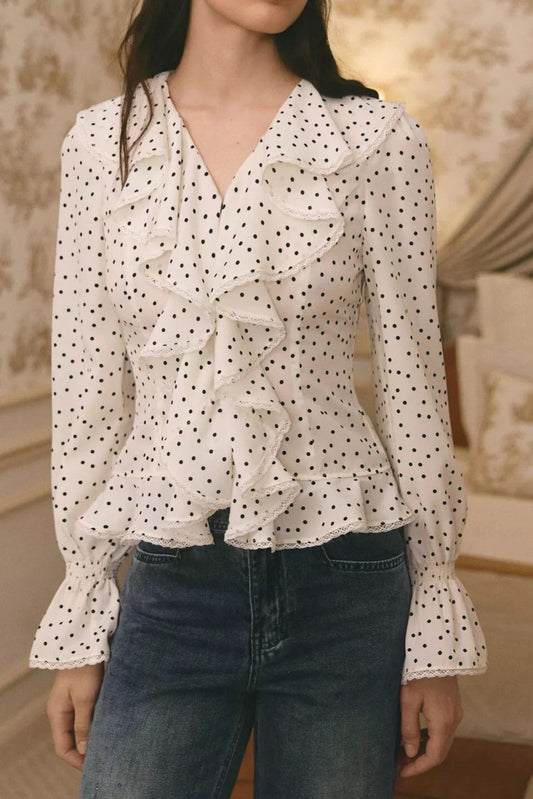 French Ruffled Polka Dot Shirt Women Slim Commuter Flare Sleeve Top