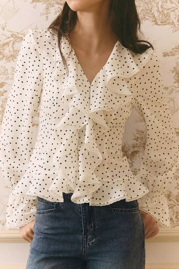 French Ruffled Polka Dot Shirt Women Slim Commuter Flare Sleeve Top