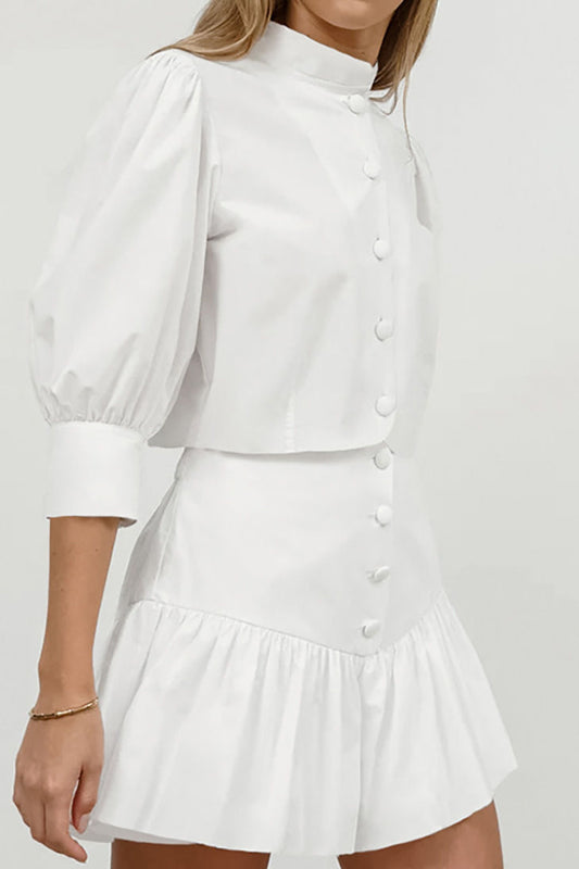 Pure Cotton White Lantern Sleeve Shirt And Short Skirt Two-Piece Set