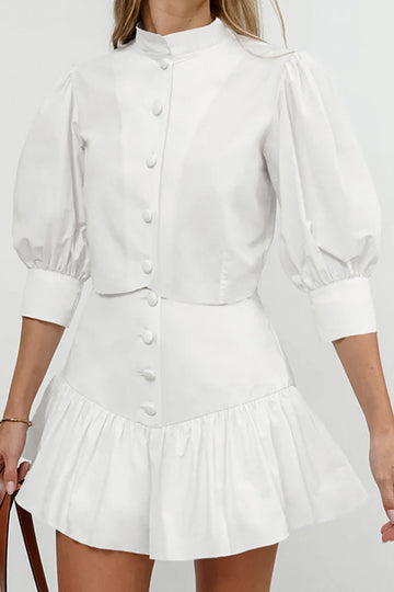 Pure Cotton White Lantern Sleeve Shirt And Short Skirt Two-Piece Set