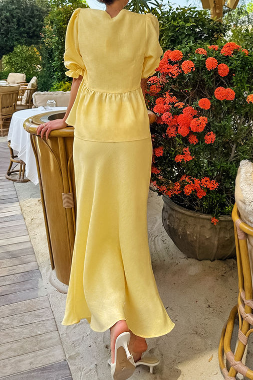 Elegant Puff Sleeve V-Neck Tie Top High Waist Midi Skirt Set