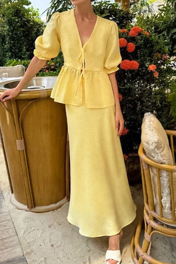 Elegant Puff Sleeve V-Neck Tie Top High Waist Midi Skirt Set