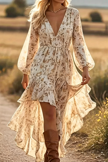 V-Neck Irregular Hem Printed Slim Long Sleeve Dress