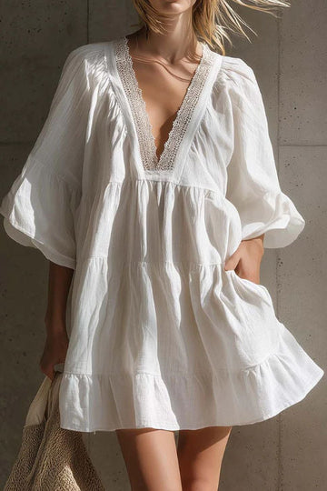 Lace V-Neck Puff Sleeve Design White Cotton Linen Dress