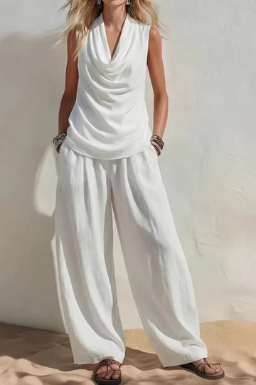 Two-Piece Cowl Neck Vest Wide Leg Pants Solid Casual Fashion Set
