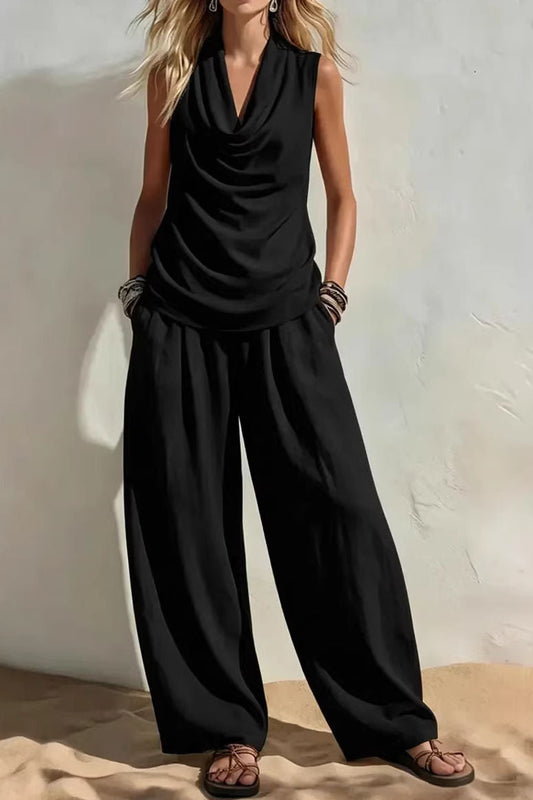 Two-Piece Cowl Neck Vest Wide Leg Pants Solid Casual Fashion Set