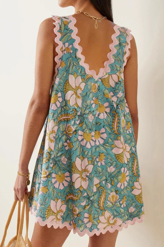 Casual Fashion Floral Printed Lace Trim Sleeveless Tank Dress