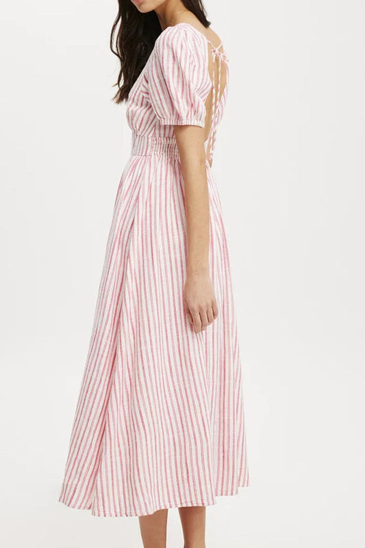 Fashion Elegant High Waist Striped Deep V Long Dress