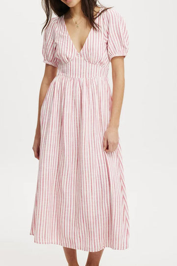 Fashion Elegant High Waist Striped Deep V Long Dress