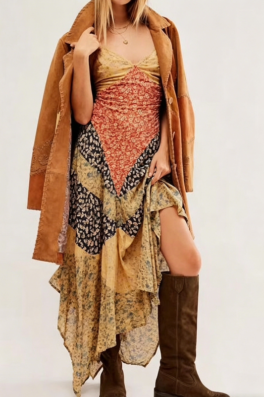 Printed Color Block V-Neck Slip Irregular Long Dress