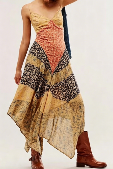 Printed Color Block V-Neck Slip Irregular Long Dress