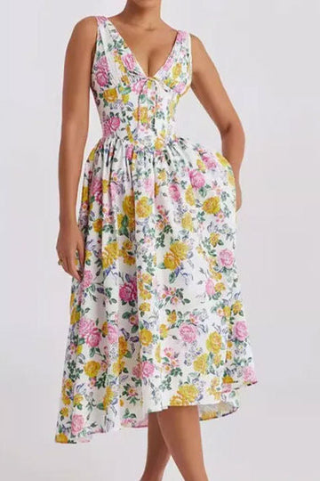 Fashion Elegant V-Neck Printed Waist Cinching Slip Dress