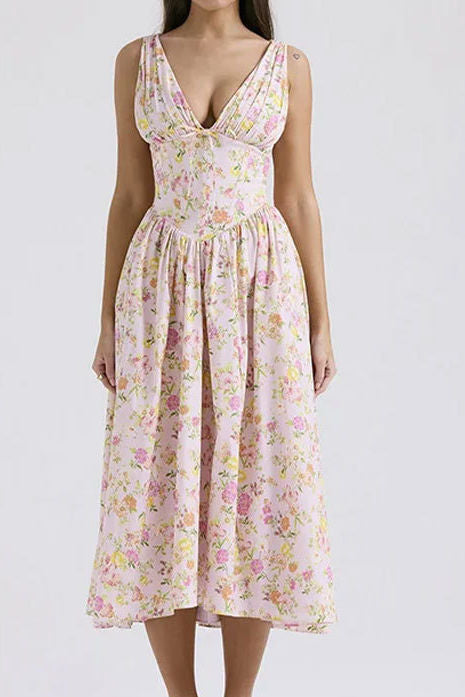 Fashion Elegant V-Neck Printed Waist Cinching Slip Dress