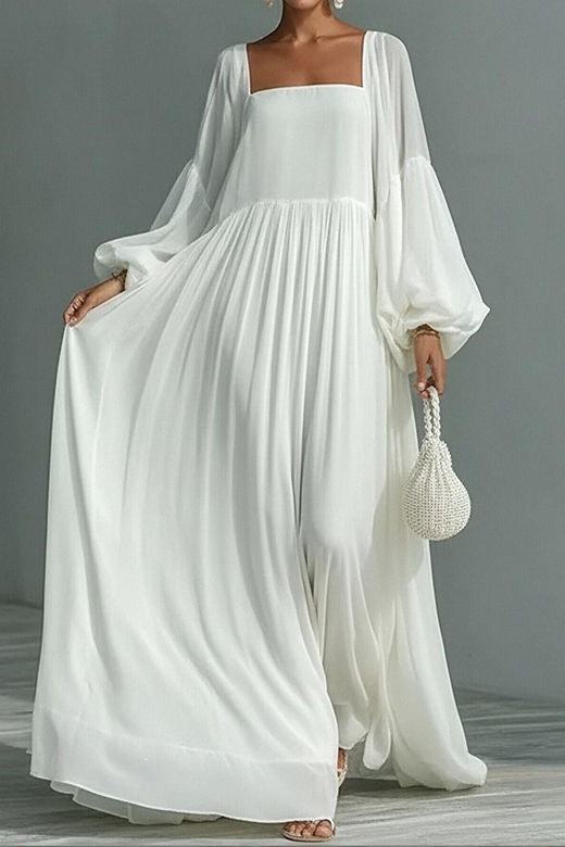 Square Neck Lantern Sleeve Casual Swing Long Dress