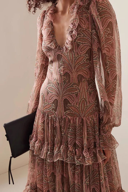 Vintage Elegant Deep V Floral Full Flared Cake Skirt Dress