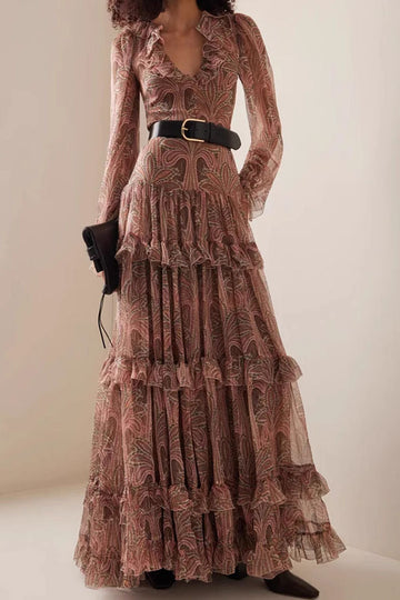 Vintage Elegant Deep V Floral Full Flared Cake Skirt Dress