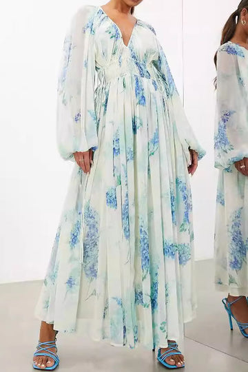 Jungle Inspired Natural Style Ruffled Shirred Cinched Drawstring Chiffon Dress