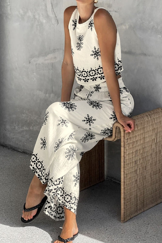 Bohemian Vintage Sleeveless Short Top And Palazzo Pants Set