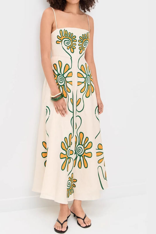 Printed Linen Knit Long Vacation Casual Dress