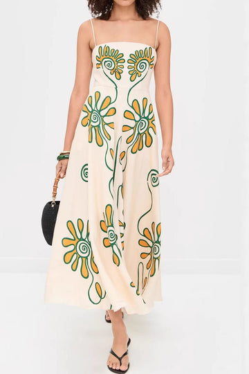 Printed Linen Knit Long Vacation Casual Dress
