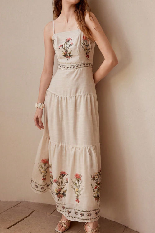 Casual Vacation Linen Printed Spaghetti Strap Dress