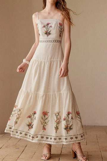 Casual Vacation Linen Printed Spaghetti Strap Dress
