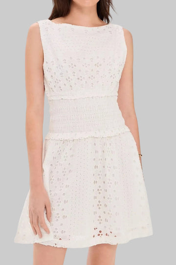 Round Neck Hollow Out Trim Waist Cinching Short Dress