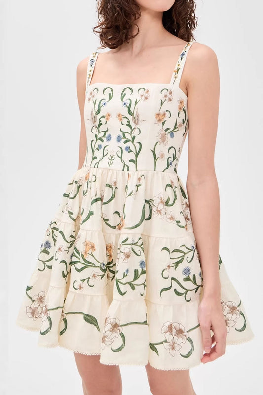 Printed Linen Sexy Off Shoulder Mini Laguna Dress
